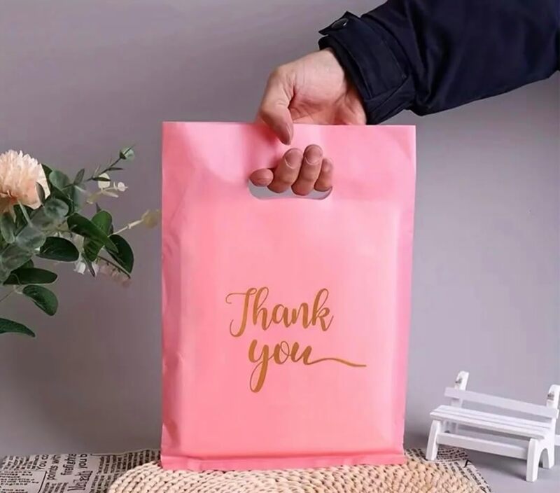 10 pcs Small Pink Gold "Thank You" Gift Bags for Guests, Goodie Favor Bags, Candy Treat Bags for Parties, Birthdays, Bridal Shower, Wedding, Anniversary Event Decoration 15x20cm